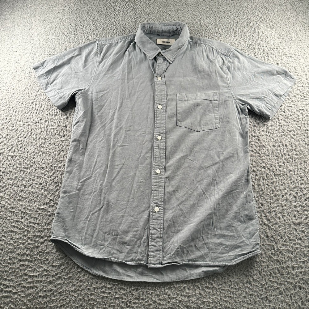 Buck Mason Shirt Mens M Short Sleeve Button Up Rayon Blend Light Gray Casual